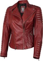 Maroon Asymmetrical Women's Biker Leather Jacket - Image 3