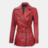Asymmetrical Red Leather Jacket for Women with Belt