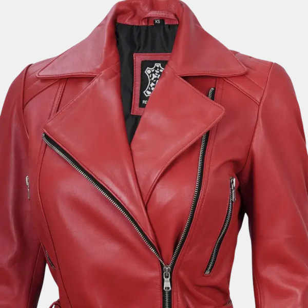 Asymmetrical Red Leather Jacket for Women with Belt