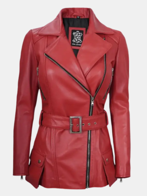 Asymmetrical Red Leather Jacket for Women with Belt