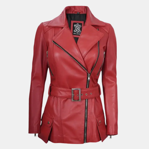 Asymmetrical Red Leather Jacket for Women with Belt