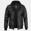 Black-Bomber-Mens-Leather-Jacket-with-Removable-Hood.png Black Bomber Men's Leather Jacket with Removable Hood