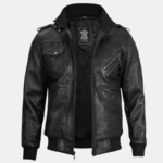 Black Bomber Men's Leather Jacket with Removable Hood - Image 3