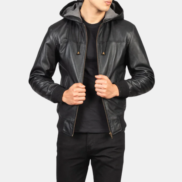 Men Black Hooded Leather Bomber Jacket