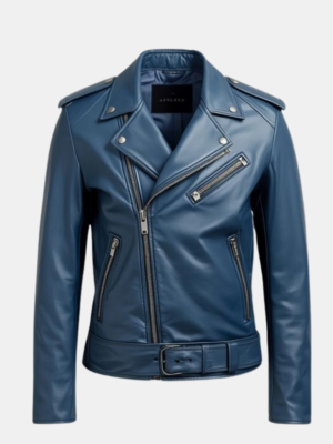 Men's Blue Leather Biker Jacket with Zipper