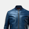 Men's Blue Leather Bomber Jacket with Zippered Pockets