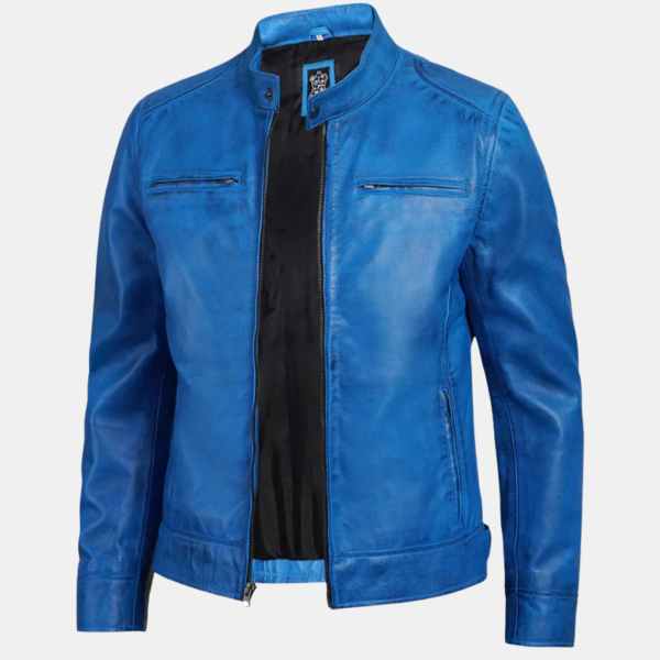 Dodge Men’s Cafe Racer Jacket Bold Blue Leather Biker Look
