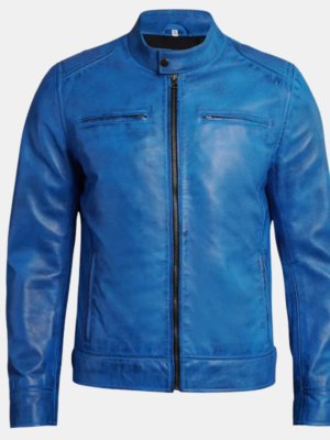 Dodge Men’s Cafe Racer Jacket Bold Blue Leather Biker Look
