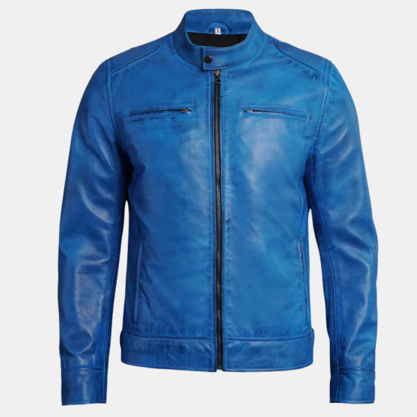 Dodge Men’s Cafe Racer Jacket Bold Blue Leather Biker Look