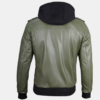 Men's Military Green Leather Jacket with Removable Hood