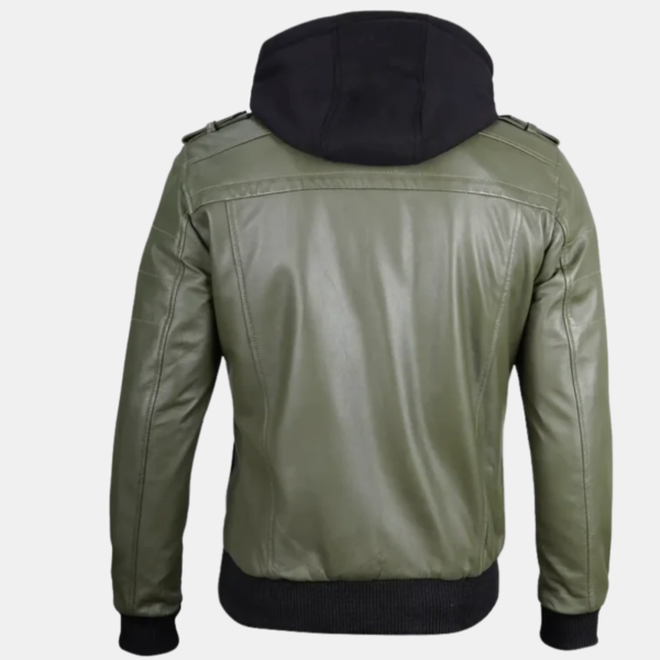 Men's Military Green Leather Jacket with Removable Hood