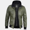 Men's Military Green Leather Jacket with Removable Hood