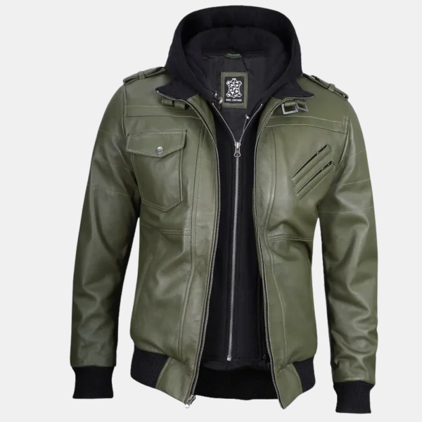 Men's Military Green Leather Jacket with Removable Hood