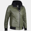 Men's Military Green Leather Jacket with Removable Hood
