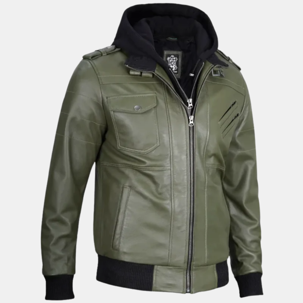 Men's Military Green Leather Jacket with Removable Hood