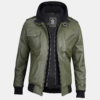 Men's Military Green Leather Jacket with Removable Hood