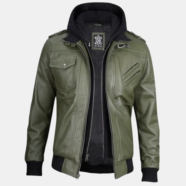 Men's Military Green Leather Jacket with Removable Hood