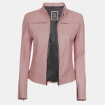 Light Pink Women's Cafe Racer Leather Motorcycle Jacket - Image 2