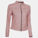 Light Pink Women's Cafe Racer Leather Motorcycle Jacket - Image 3