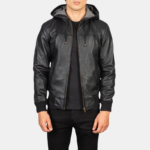 HB INDUSTRIES Black Hooded Leather Bomber Jacket - Image 3