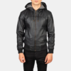 Men Black Hooded Leather Bomber Jacket
