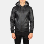 HB INDUSTRIES Black Hooded Leather Bomber Jacket