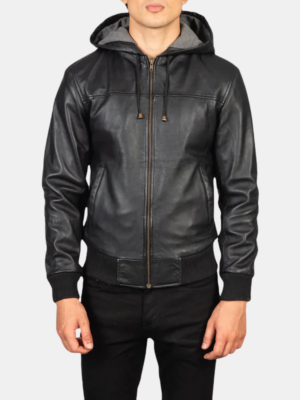 Men Black Hooded Leather Bomber Jacket
