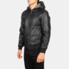 Men Black Hooded Leather Bomber Jacket