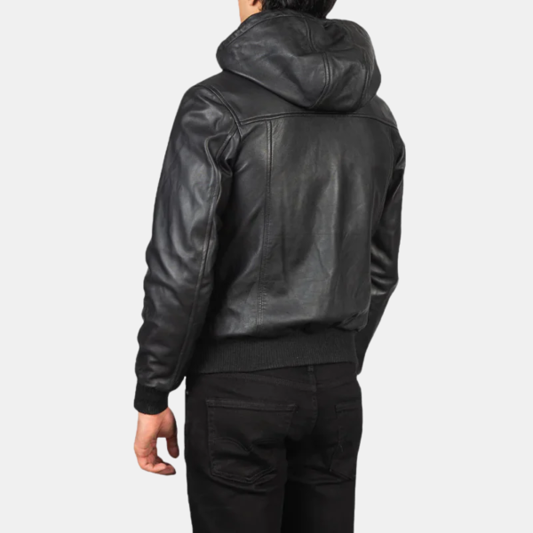 Men Black Hooded Leather Bomber Jacket