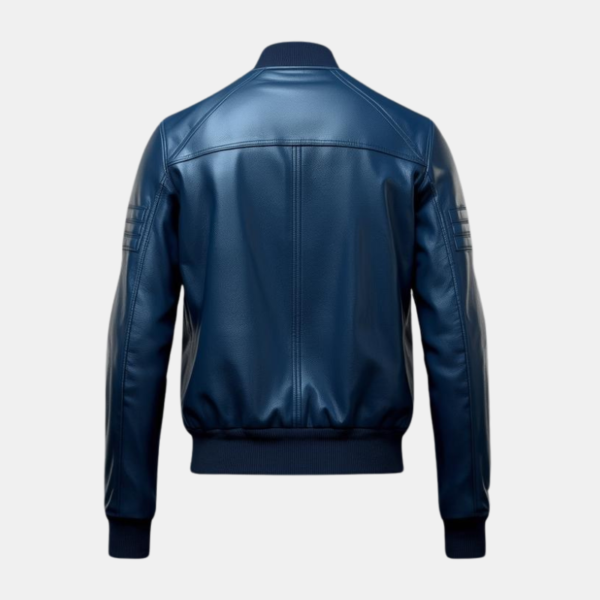 Men's Blue Leather Bomber Jacket with Zippered Pockets