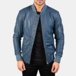 Men Bomia Ma-1 Blue Leather Bomber Jacket - Image 2