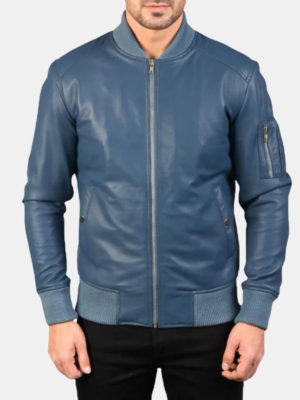 Men Bomia Ma-1 Blue Leather Bomber Jacket