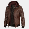 Men’s Aviator-Style Dark Brown Leather Bomber Jacket with Hood