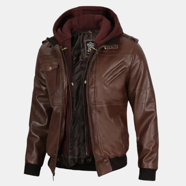 Men’s Aviator-Style Dark Brown Leather Bomber Jacket with Hood