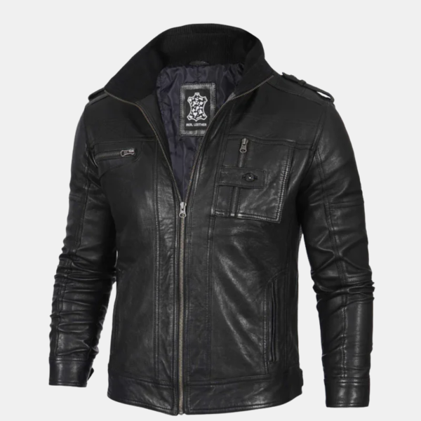 Mens Black Waxed Cafe Racer Leather Jacket
