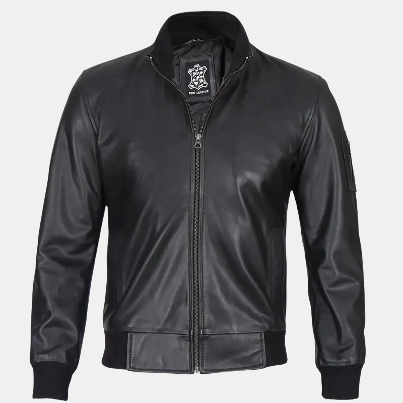 Mens-Black-Real-Leather-Bomber-Jacket-2.png Men's Fashionable Black Real Leather Bomber Jacket - Image 1