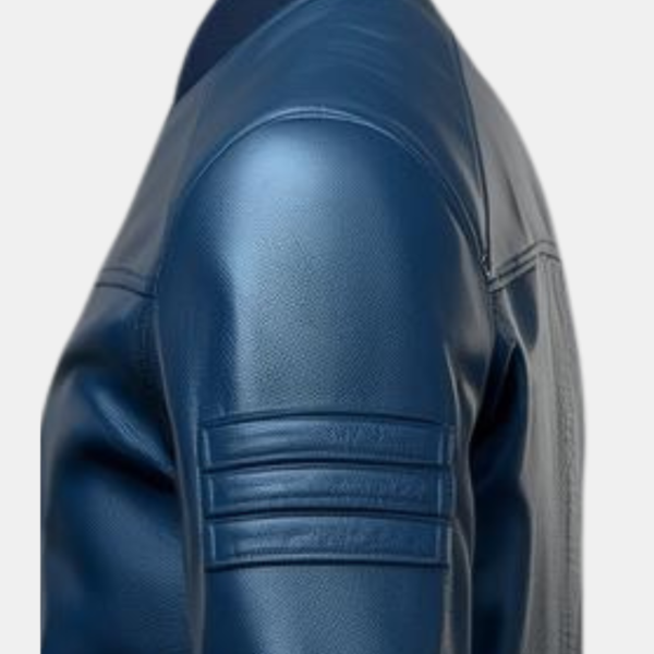 Men's Blue Leather Bomber Jacket with Zippered Pockets
