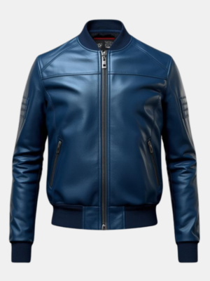Men's Blue Leather Bomber Jacket with Zippered Pockets