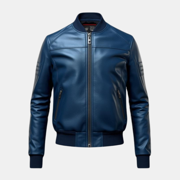 Men's Blue Leather Bomber Jacket with Zippered Pockets