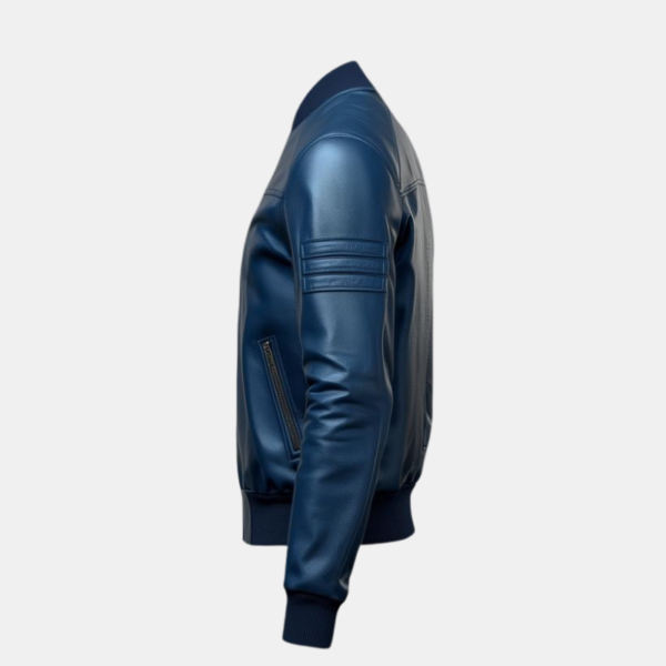 Men's Blue Leather Bomber Jacket with Zippered Pockets