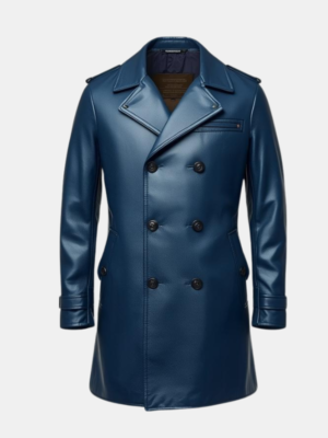 Men's Blue Leather Peacoat Double-Breasted