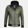 Men's Military Green Leather Jacket with Removable Hood