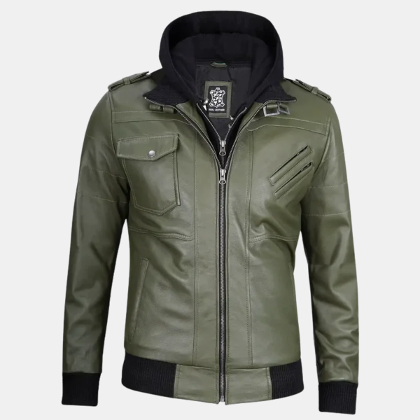 Men's Military Green Leather Jacket with Removable Hood