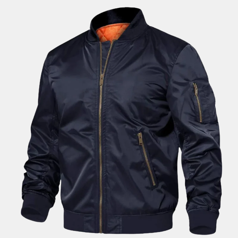 Mens-Navy-Blue-Windproof-Bomber-Jacket.png Men's Navy Blue Windproof Bomber Jacket - Image 1