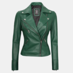 Ninfa Women Moto Style Green Real Leather Jacket