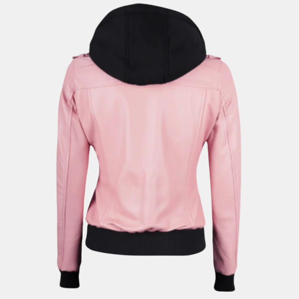 Stylish Pink Bomber Leather Jacket for Women with Removable Hood