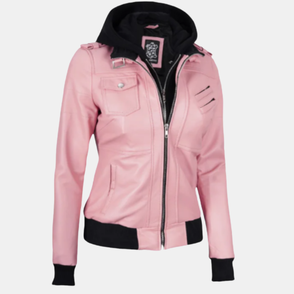 Stylish Pink Bomber Leather Jacket for Women with Removable Hood