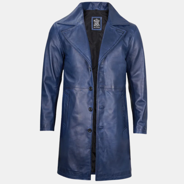 Real Leather Men’s Car Coat Blue 3 4 Length Timeless Look