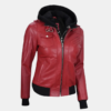 Trendy Red Leather Jacket with Removable Hood for Women