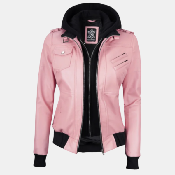 Stylish Pink Bomber Leather Jacket for Women with Removable Hood